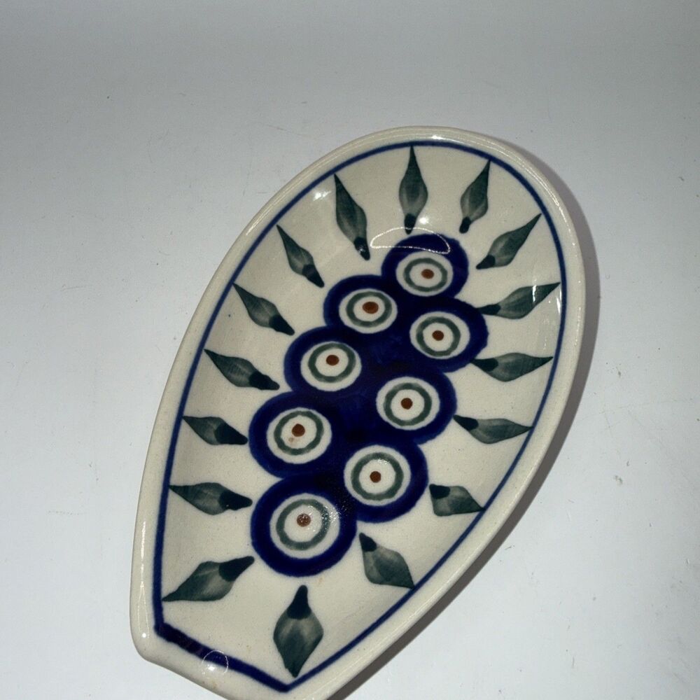 Boleslawiec Polish Pottery Spoon Rest Cobalt Blue Peacock Design 5x3”